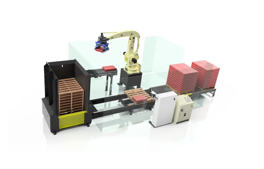 A Columbia Okura dynaPAL robotic palletizer cell with an Okura robot, guarding, and pallet stations.