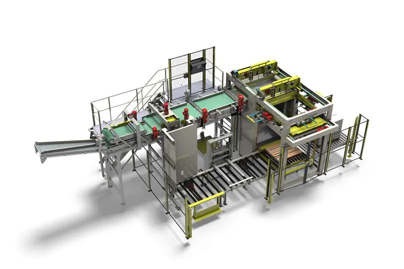 A Haver and Boecker Arcus 2500 high-level bag palletizer with conveyors, a layer forming section, and a pallet station.