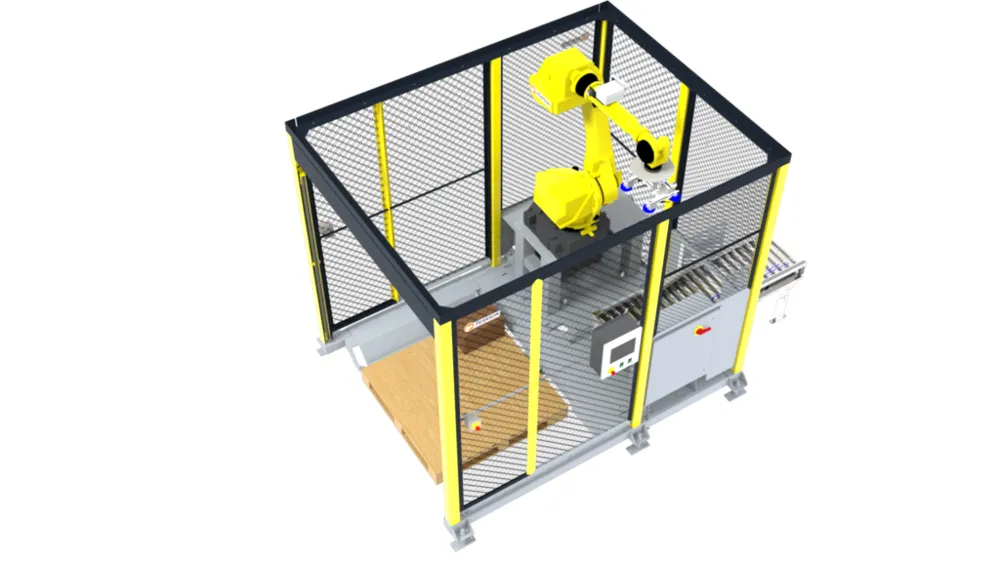 A Pearson RPC-C compact robotic palletizer cell with a FANUC robot, an infeed conveyor, and a pallet station.