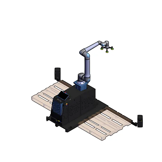 Drawing of a cobot arm on a compact base between two pallet stations, with area scanners at the corners.