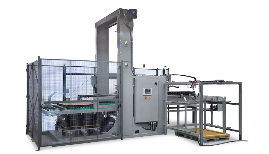 An A-B-C Model 108 low-level bulk depalletizer with guard doors, a pallet infeed, and a container discharge conveyor.