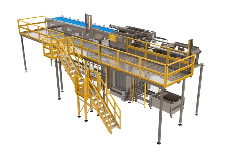 A rendering of the Arrowhead Alpha Turbo high-level bulk depalletizer with a raised platform, stairs, and a discharge conveyor.