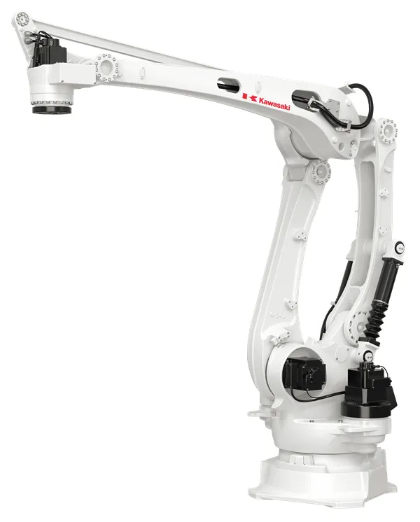 A white Kawasaki CP180L 4-axis palletizing robot with a long parallel-link arm.