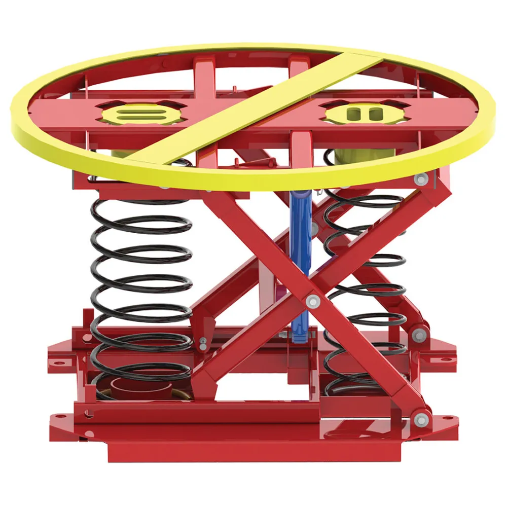 A red scissor-frame pallet positioner with coil springs and a yellow round turntable on top.