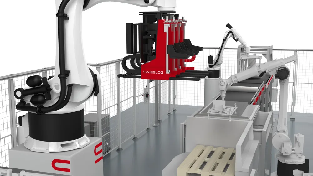 A Swisslog ACPaQ cell with a KUKA robot and a fork gripper over conveyors and a pallet.