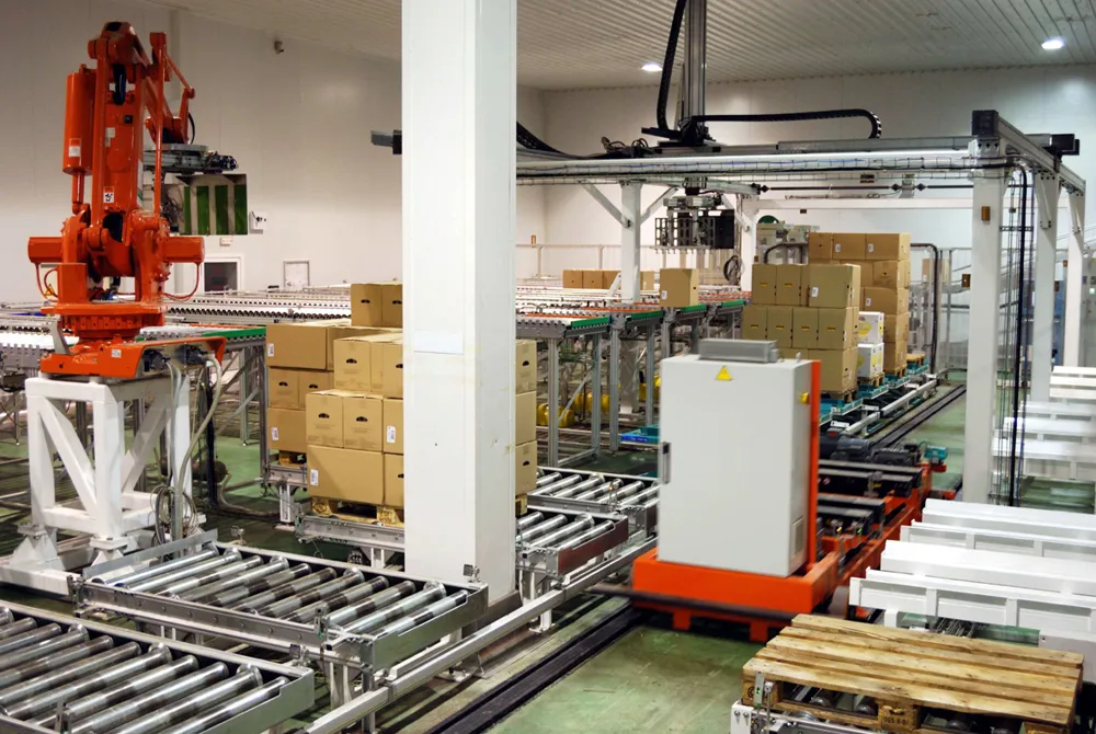 A palletizing cell with an orange articulated robot on a stand, roller conveyors, cartons on pallets, and an overhead gantry robot.
